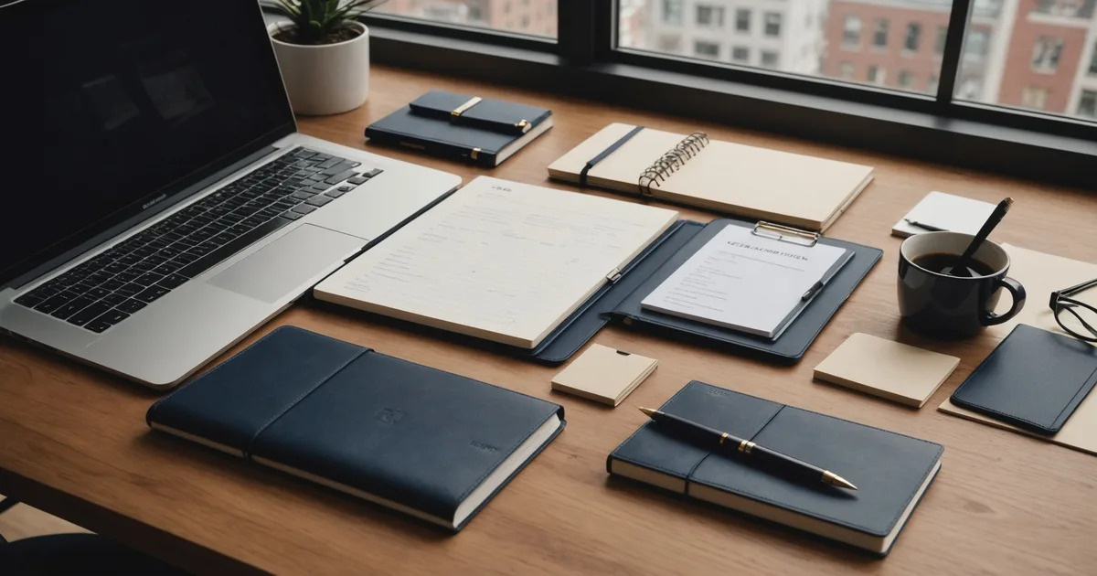 Financial advisor reviewing CRM notes at a professional desk workspace