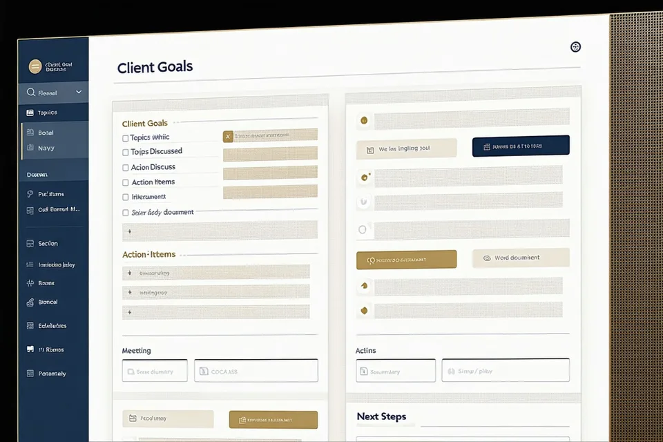 Advisorbriefs smart meeting summary interface showing structured client notes with action items and follow-ups
