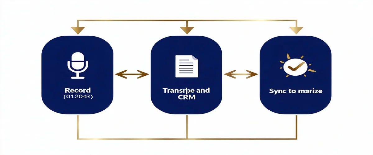 Three-step workflow diagram: Record, Transcribe and Summarize, Sync to CRM